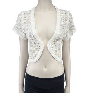 VINTAGE Crochet Cropped Boho Flowy Open Front Cardigan Bolero White Casa Donna S